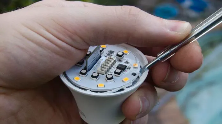 RGB and White LED WiFi Smart light fitting - removal of top PCB.